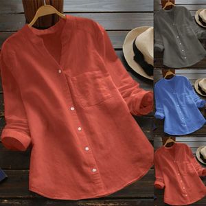 T-shirt féminin 2023 Nouveau bouton Shirt Shirt Pocket Coton Linen Casual Womens Shirt Summer Long Mancheved Couleur Couleur Topl2405