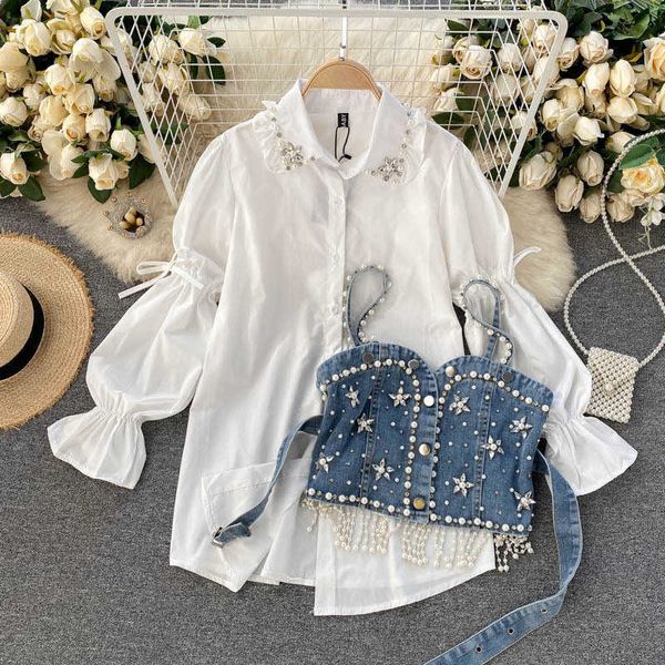 chemise chic à saveur de port parsemée de perles à ongles en diamant, manches à bulles, haut à franges, gilet à bretelles en perles, vêtements superposés en deux pièces Q240115