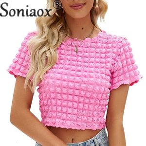 T-shirt pour femmes 2023 Summer Fashion Popcorn Tee Sexy Slim Fit Reveal Belly Button Femme Street Casual Splicing Tops à manches courtes 230428