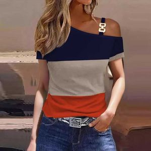 Dames T-shirt 2023 Zomer Nieuwe eenvoudige gedrukte vrouwen T-shirts Casual elegante sexy schuine schouder Short Slve Office dames slanke pullover tops T240505