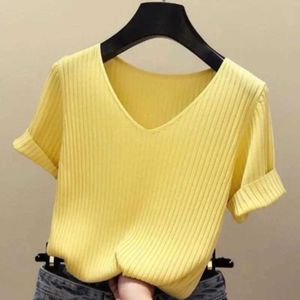T-shirt féminin 2023 Été Nouveau puln-tricot en V Fomes à manches courtes à col en tricot décontracté en tricot slim2405.