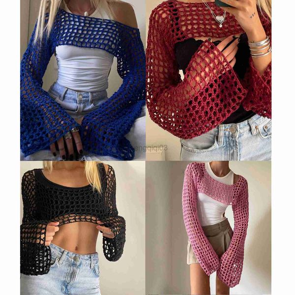 T-Shirt Femme 2023 Été Y2k Crochet Tricot Creux Hauts Vintage Mesh Top Grunge Vêtements 2000s Esthétique Mesh Sweatshirt Crop Top pour Femmes Y23