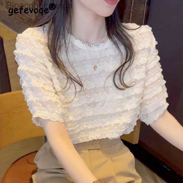 T-shirt féminin 2023 Femmes Ruffle Lace Patchwork Design Blouses Summer Trendy Round Cou Short Shirts White Casual Sweet Chic Tops Blusal231208