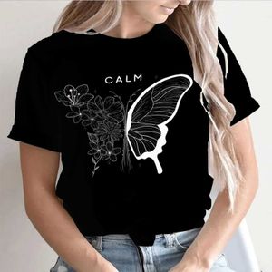 Dames T-shirt 2024 Nieuwe O-Neck 3D Butterfly Gedrukte T-shirt Dames Summer Fashion Korte mouwen Top Extra grote zomer Womens Topl2405