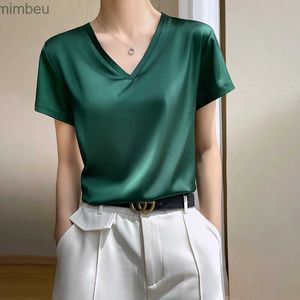 T-shirt femme 2024 été basique solide femmes t-shirts col en v à manches courtes t-shirts hauts satin soie élégante chemises fines pour femmec24319