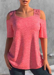 Dames T-shirt 2024 Women Fashion L-5XL Rose Pink T-shirt Casual Blouses Lace Stitching koude schouder lange mouwen plus size zomer topsl2403
