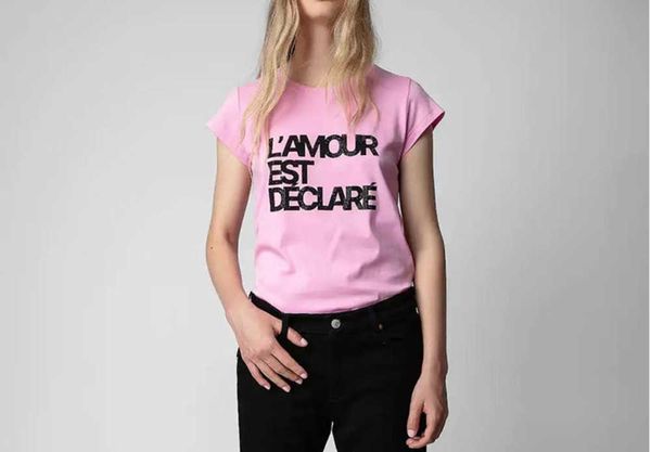 T-shirt féminin 23SS Zadig Voltaire Women Designer Tshirt Lettre anglaise Slogan Imprime T-shirt T-shirt à manches courtes Slim Fit Hot Diamond Fit
