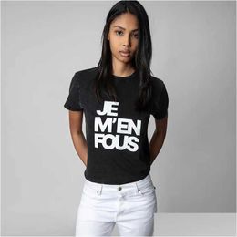 Dames T-shirt 23Ss Zv Slogan Letter Print Tees Gebakken Kleur Sneeuw Wassen Zadig Tshirt Vrouwen Korte Mouwen Drop Delivery Apparel Womens C Dh2A3