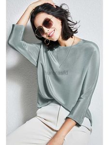T-shirt Femme 30mm Style de luxe élégant soie épaisse crêpe couleur unie lâche vert gris épais framboise soie haut femmes manches longues 240323