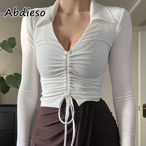 T-shirt féminin Abdieso Solid V Neck Sexy Sexy Women T-shirt 2021 Brown Drawstring Automne Long Manched Basic Casual White Tops Tee Shirt Femme T220926