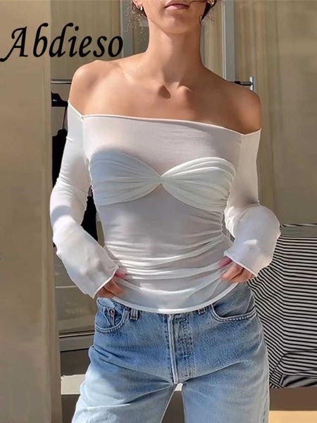 Camiseta de mujer Abdieso Y2K Fruncido Sexy Blanco Camisetas de manga larga Mujeres Crop Top Streetwear 2022 Fuera del hombro Negro Otoño Flaco Camisetas básicas T230104