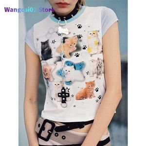 T-shirt Femme Esthétique Cool Chats Chatons Mignons T-shirts Y2k Top Japon Kawaii Egirl Skinny Crop Tops Haute Qualité Coton Tee Été Sexy Dames 022223H