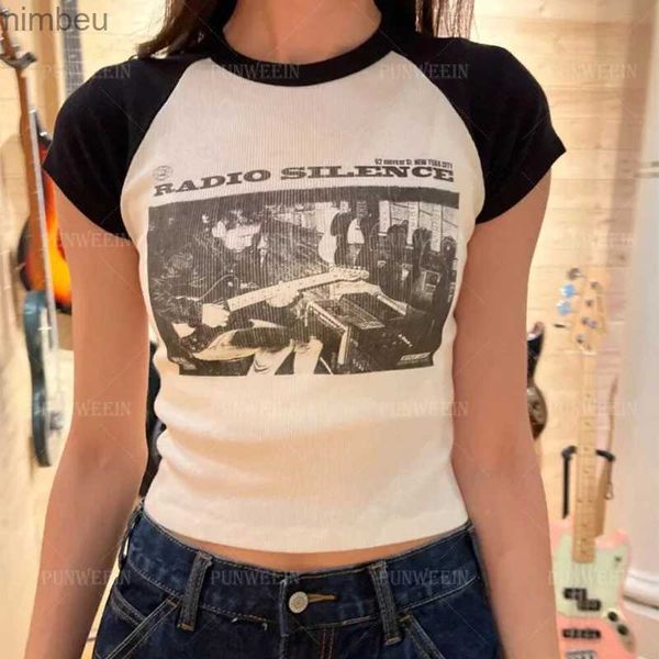 T-shirt Femme Esthétique Summer Baby Tee Streetwear Goth T-shirt à manches courtes Femmes Épissage Vintage Crop Tops Sexy Rock Band 2000s Y2K vêtements L240201