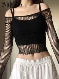 T-shirt pour femme AltGoth Sexy Mall Goth Mesh T-shirt Femme Streetwear Grunge évider à manches longues Crop Tee Top Harajuku Y2k Cottagecore Outfits P230328