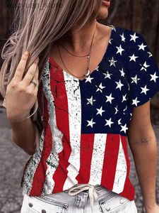 T-shirt Femme Drapeau américain T-shirt imprimé 3D Femmes Mode T-shirts à col en V Hauts à manches courtes T-shirts Lâche T-shirts occasionnels Vintage Camisetas USA Flag 240130