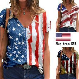 T-Shirt femme drapeau américain imprimé hauts femmes à manches courtes col en V été T-Shirt 2022 mode décontracté ample femme T-Shirt D30