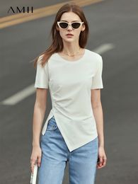 Camiseta de mujer Amii Minimalista Primavera Verano Camiseta para mujer Oneck Solid Asymmetric Tees Tops Ropa de manga corta Tops femeninos 12240144 230421