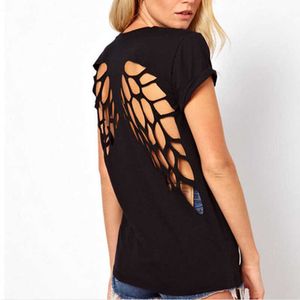 Dames t-shirt angel vleugels t shirt uitgehold dames camiseta feminina tunic terug uitgesneden crop tops laser gesneden o-neck short tee tops t-shirt p230328