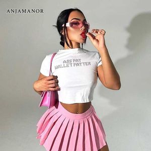 Dames T-shirt Anjamanor Letters Rhinestone Korte Slve Crop Tops Cute Baby T Y2K Summer Cleren Women 2024 White Graphic T Shirts D85-AG11 T240507