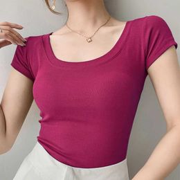 T-shirt féminin Aossviao 100% coton T-shirt Femme Summer Nouveau Slim Solid Basic Tees 16 Color Tshirt coréen O Col Khaki Tops D240507