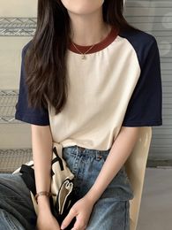 T-shirt femme AOSSVIAO Tops d'été pour femme T-shirt Col rabattu Manches courtes Beige Bleu Chic Y2k Mode Patchwork T-shirts 230516