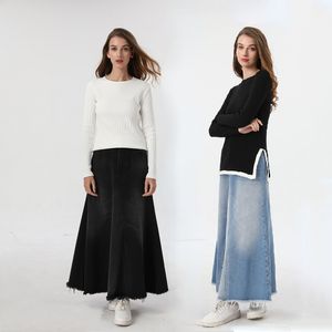 Dames T-shirt AP Geribbeld T-shirt en Denim Maxi Rok Lente Zomer Dames Contrast Geribbeld Shirt Ronde hals Lange mouw Top Hoge kwaliteit #1102 230710