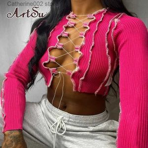 Dames T-shirt Artsu 8 kleuren sexy uitgehold dames crop tops met lange mouwen gestreept patchwork trekkoord geribbelde bandage fitnesskleding t231024