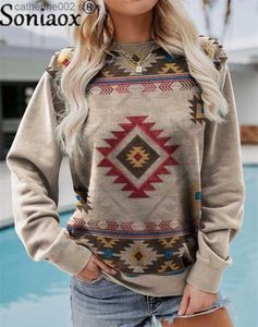 Dames t-shirt herfst 2022 geometrische patronen vrouwen sweatshirts crew nek pullover casual capuchon mode lange mouw tops losse kleding t230826