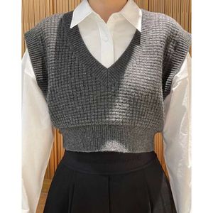 Dames t-shirt herfst/winter nieuwe nep tweedelig geruite kraag shirt+gebreide pullover top korte mode academie stijl