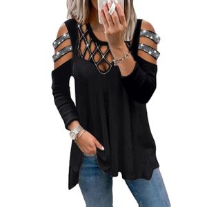 Dames T-shirt Herfst Winter Dames Sexy Modieus V-hals Effen Kleur Schouderafhangend T-shirt Hollow Out Drill Casual Losvallend Top met lange mouwen 230717