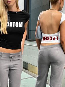 Dames T-shirt Backless korte mouw witte y2k kleding crop top dames esthetische zomer t shirts sexy letter goth fairy grunge uitgesneden emo 230404