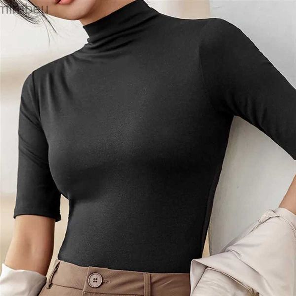 Camiseta para mujer Camiseta básica de algodón Mujer Cuello alto Camiseta delgada Camisetas de manga corta Mujer Casual Elasticidad Camiseta blanca Femme Mujer Top L240201