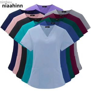 T-shirt Femme Salon de beauté Uniforme Élastique Respirant Spandex Infirmière Accessoires Mode Slim Fit Tops Summer Lab Salopette Gommage Vêtements Femmes L240201