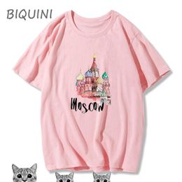 T-shirt femme BIQUINI World Famous Building Print T-shirtWomen Tshirt Cotton Harajuku Shirt Summer O-Neck 's Crown