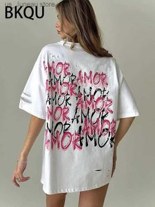 T-shirt féminin Bkqu Letter Imprimer T-shirt surdimensionné esthétique Y2K Vêtements déchirés Femmes Slve Contraste de mode Holes Loose T Strtwear T240412