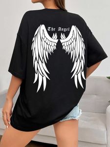 Dames T-shirt Black Angel Wings Hot Selling grafische bedrukte dames T-shirts Losse oversized kleding Hip Hop Street T-shirts Katoen korte mouwenl2405
