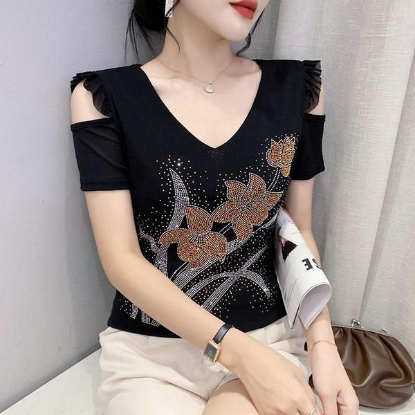 Camiseta de mujer de malla negra con cuello en V para mujer diamantes hechos a mano rebordear flores fuera del hombro volantes Tops camisetas de manga corta de verano para mujer