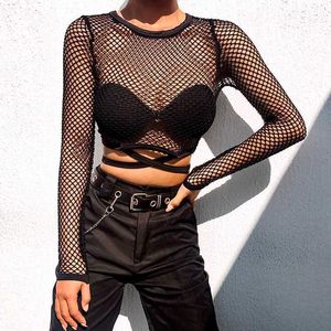 Dames t-shirt zwarte sexy lingerie komt mesh goth goth thirt met lange mouwen holle doorzichtige visnet tops zomer streetwear dameskleding p230328