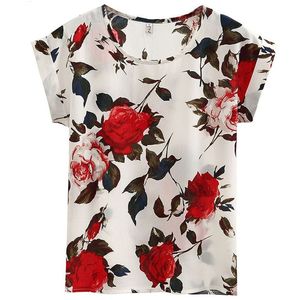 Camiseta de mujer Blusas Mujer Estampado de flores Camisa de gasa de manga corta floral Ropa de vacaciones de verano Túnica Off White Tops y blusas 230718