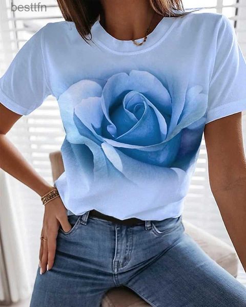 T-shirt Femme Boutique Rose Fleur Graphique T-shirt Tendance De La Mode Femmes Courtes Chemises Casual O-cou Lâche Tees Streetwear Expédition 240311