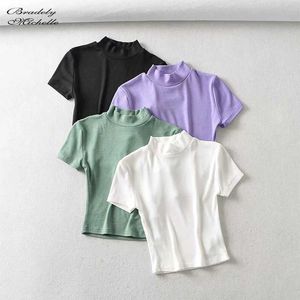 Dames t-shirt Bladely Michelle Fashion Sexy Summer Woman Slim Fit T-shirt strakke katoenen korte-sleet Turtleneck T-shirt Crop Tops D240507