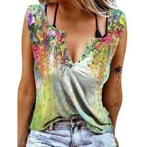 T-Shirt femme Imprimé Animal Papillon Sans Manches Avec Gilet Col En V Femmes Hauts Lâche Décontracté Été 2021 Mode DamesTees
