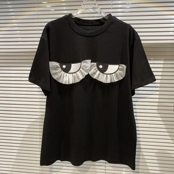 Camiseta de mujer Femenina Capital Chic Mesh Ruffles dibujos animados grandes Camisetas de chicas de cuello o techo