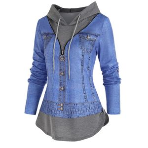 Camiseta para mujer Chaqueta de mezclilla casual Impresión 3D O Ring Cremallera con capucha Faux Twinset Camiseta Mujer Falsa Camiseta de manga larga de dos piezas 230307