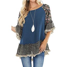 Camiseta para mujer Blusa informal de media manga Leopardo Estampado floral Patchwork Cuello redondo Tops holgados Camisa estilo ropa de playa simple 230325