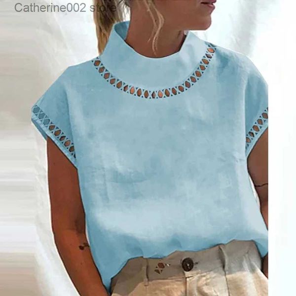 Camiseta para mujer Casual suelta de manga corta Camisa de oficina Jersey Mujer Sólido Hollow Out Tops Verano Cuello alto Algodón Lino Blusas transpirables T231024