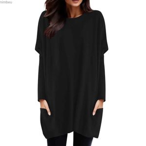 Dames T-shirt Casual Effen Kleur Losse Dames T-shirt Herfst Lange Mouw Pocket Tees Ronde Hals Oversized T-shirt Playeras MujerC24319