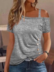 Camiseta de mujer Botón de verano casual Ruchada Blusa de hombro frío de un lado para mujeres 2023 Elegantes camisetas sin mangas femenina T240221