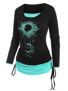 Dames T-shirt Casual Dames Cinched Sun Moon Print 2 in 1 T-shirt Ronde hals Lange mouw Herfst Mode T-shirts Dames Top Street chic T220926