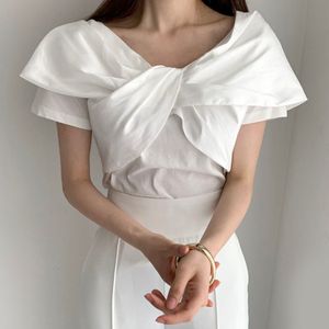 Dames s t -shirt chic v nek knik ontwerp korte mouw tops zomer Koreaanse mode simple t shirt vrouwen esthetische elegante solide t shirts 230208